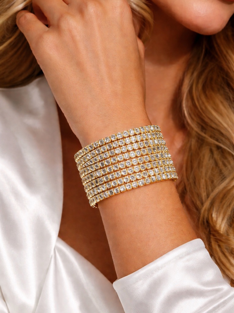 Gold Tone 8-Row Rhinestone Cuff Crystal Wrap Sparkle Glam Luxury Bracelet Nwt